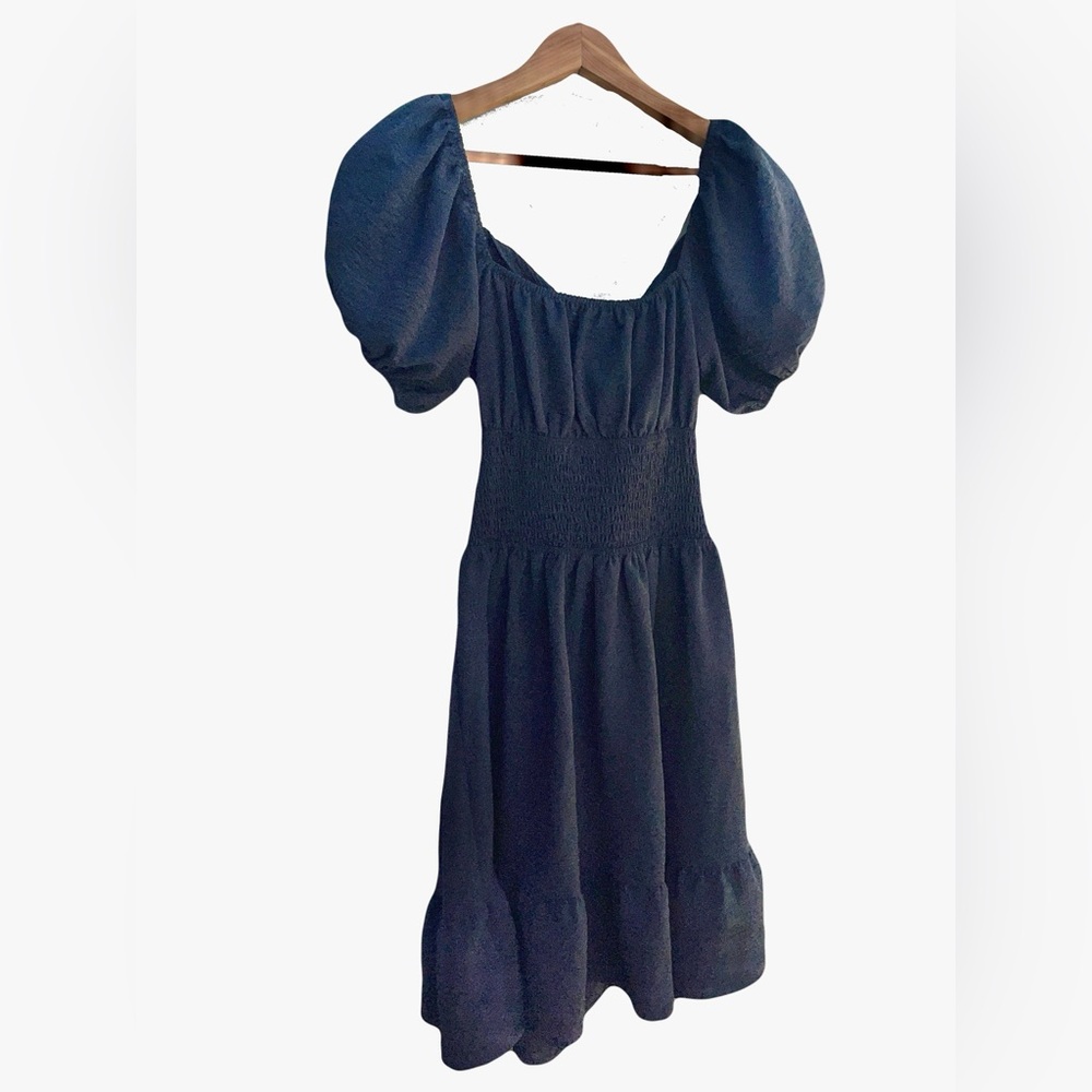 Puff-Sleeve Black Midi Dress with bow tie back